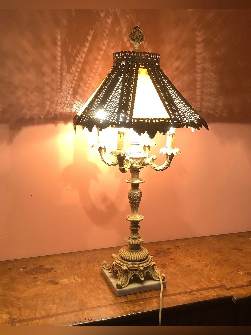 Vintage Italian 4-Light Candelabra Table Lamp Filigree Shade Carrara Marble 28”